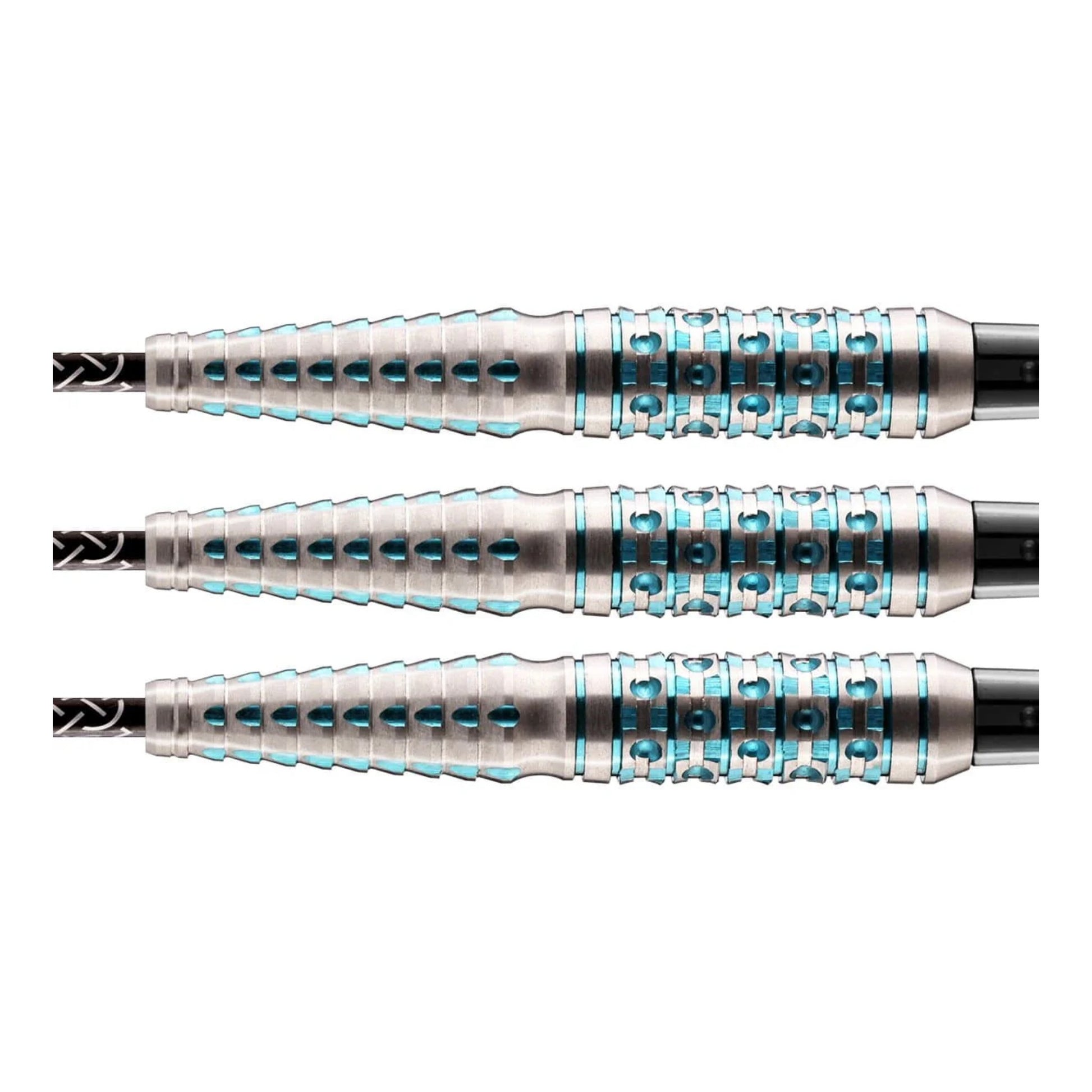 Close up of Shot Viking Drakkar dart barrels showing deep blue coating and shark fin grip