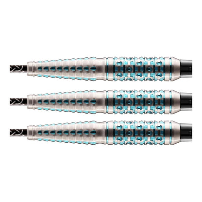 Close up of Shot Viking Drakkar dart barrels showing deep blue coating and shark fin grip