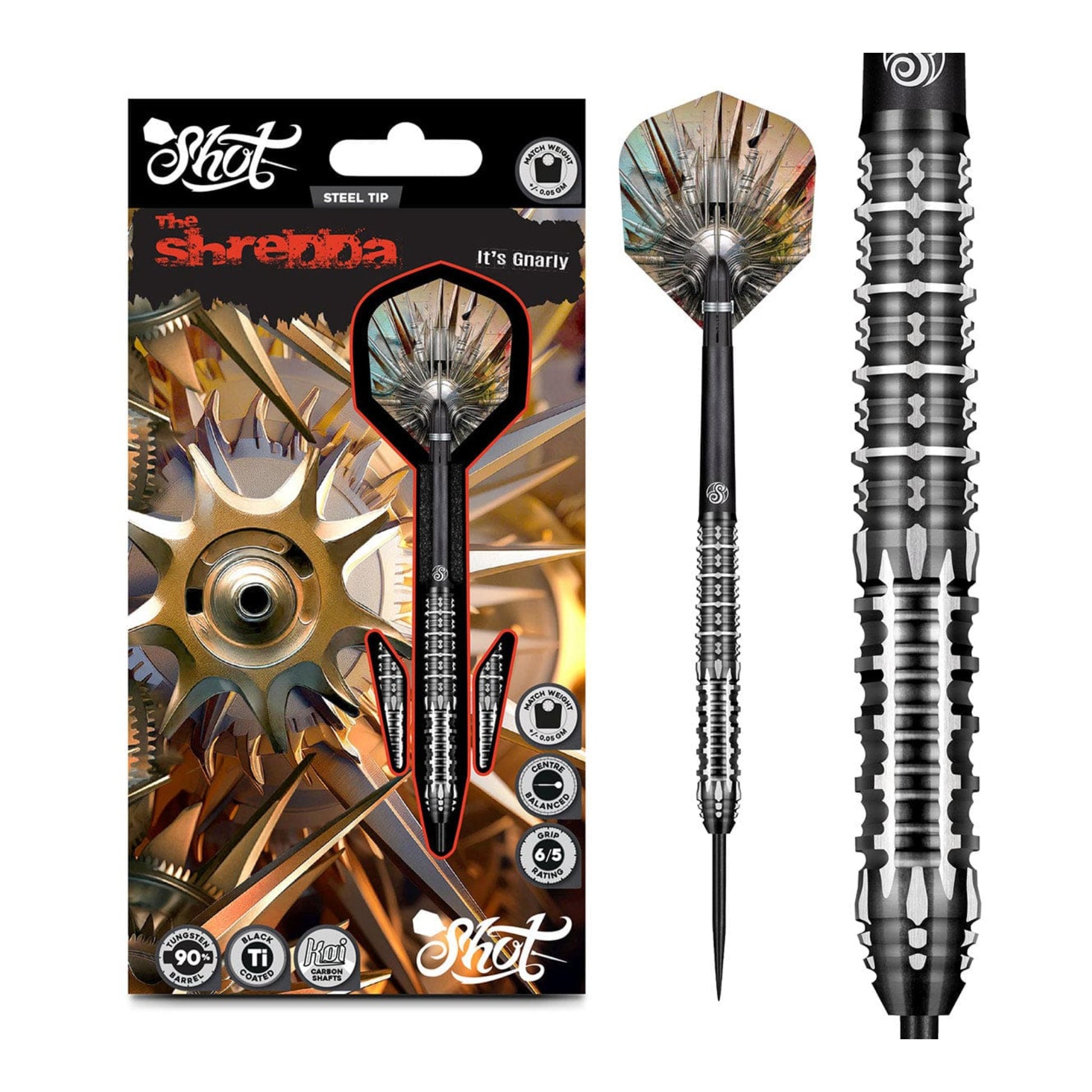 Shot Darts Gnarly Shredda 90 percent tungsten steel tip dart set full view with flights and shafts