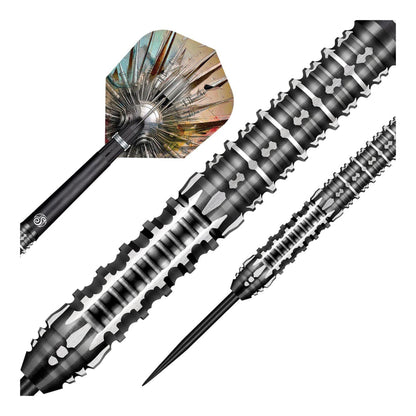 Close up detail of Gnarly Shredda dart barrel showing razor ring grip and V-cut milling