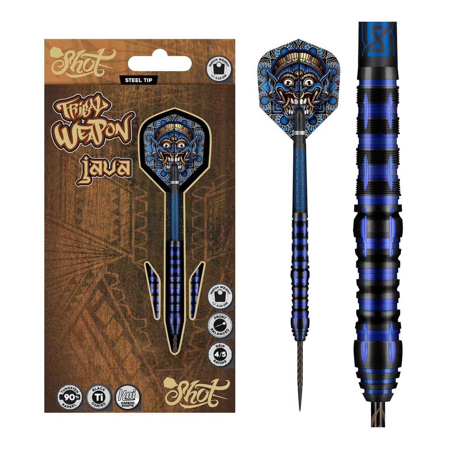 Three Tribal Weapon Java darts with black carbon shafts and blue accents on dark background