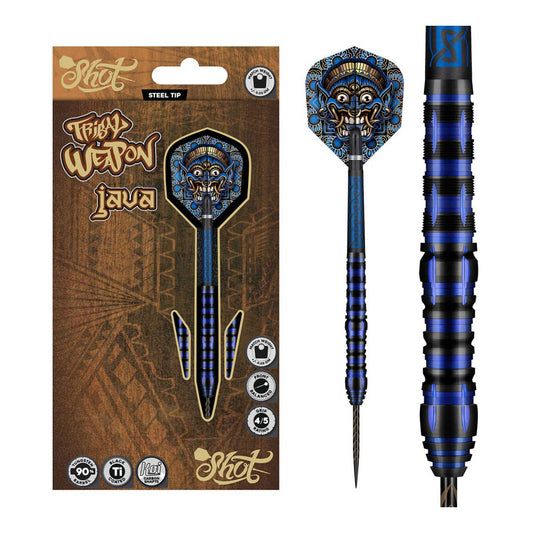 Three Tribal Weapon Java darts with black carbon shafts and blue accents on dark background
