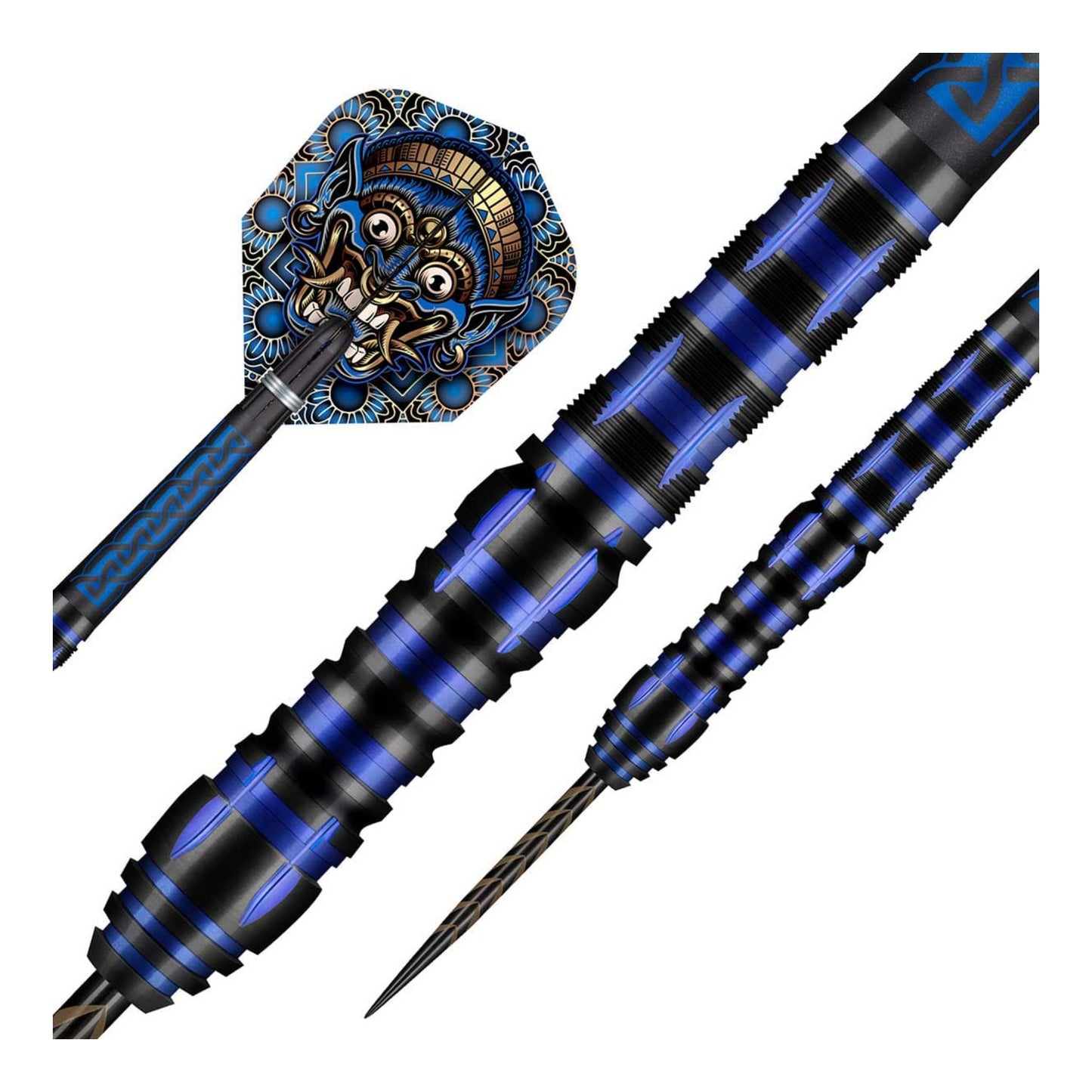 Close up of Tribal Weapon Java dart barrel showing front weighted scallop and blue pyramid grip