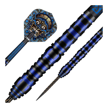 Close up of Tribal Weapon Java dart barrel showing front weighted scallop and blue pyramid grip
