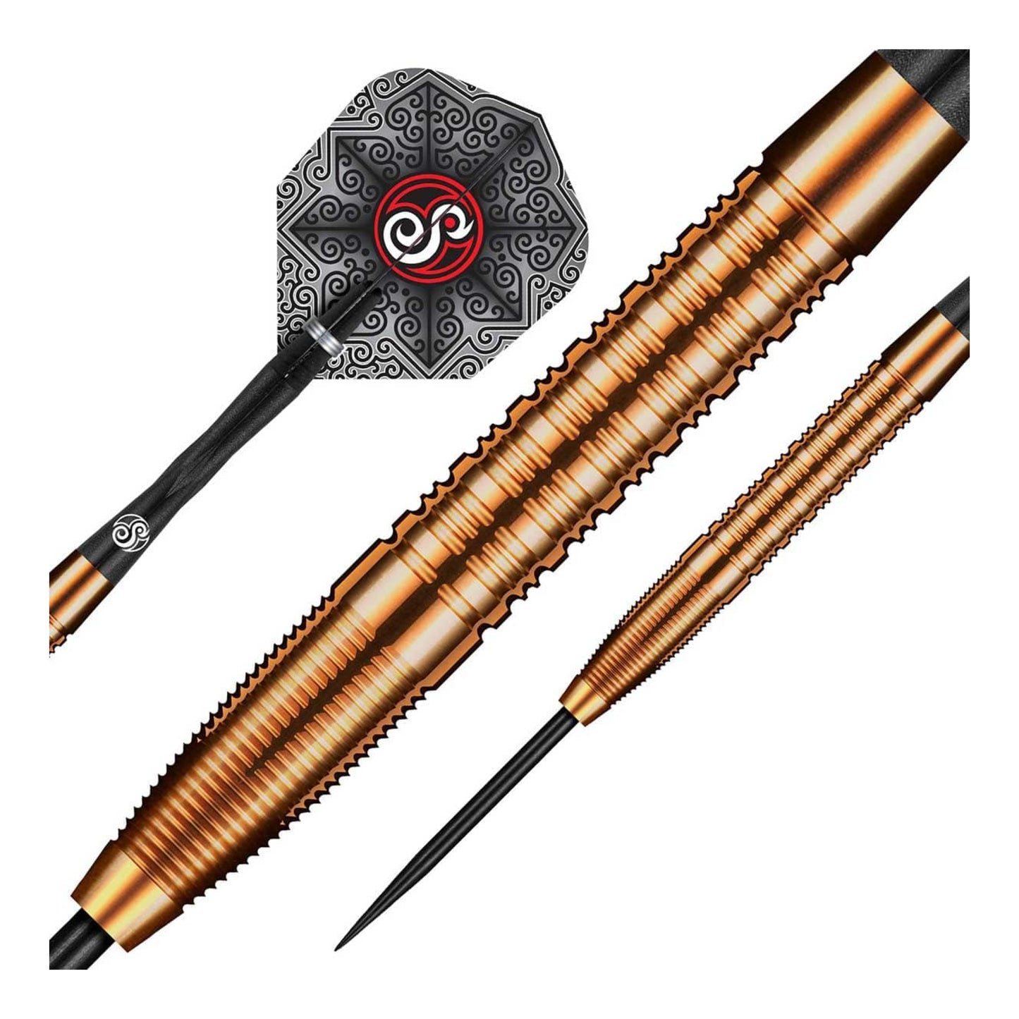 Close up of Jitse van der Wal dart barrel showing black and gold titanium coating and nose grip