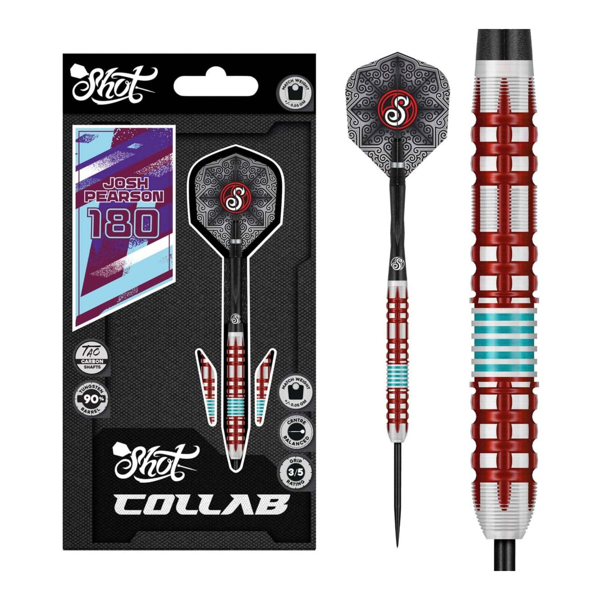 Three Shot Josh Pearson darts with black points and carbon shafts arranged on a dark background