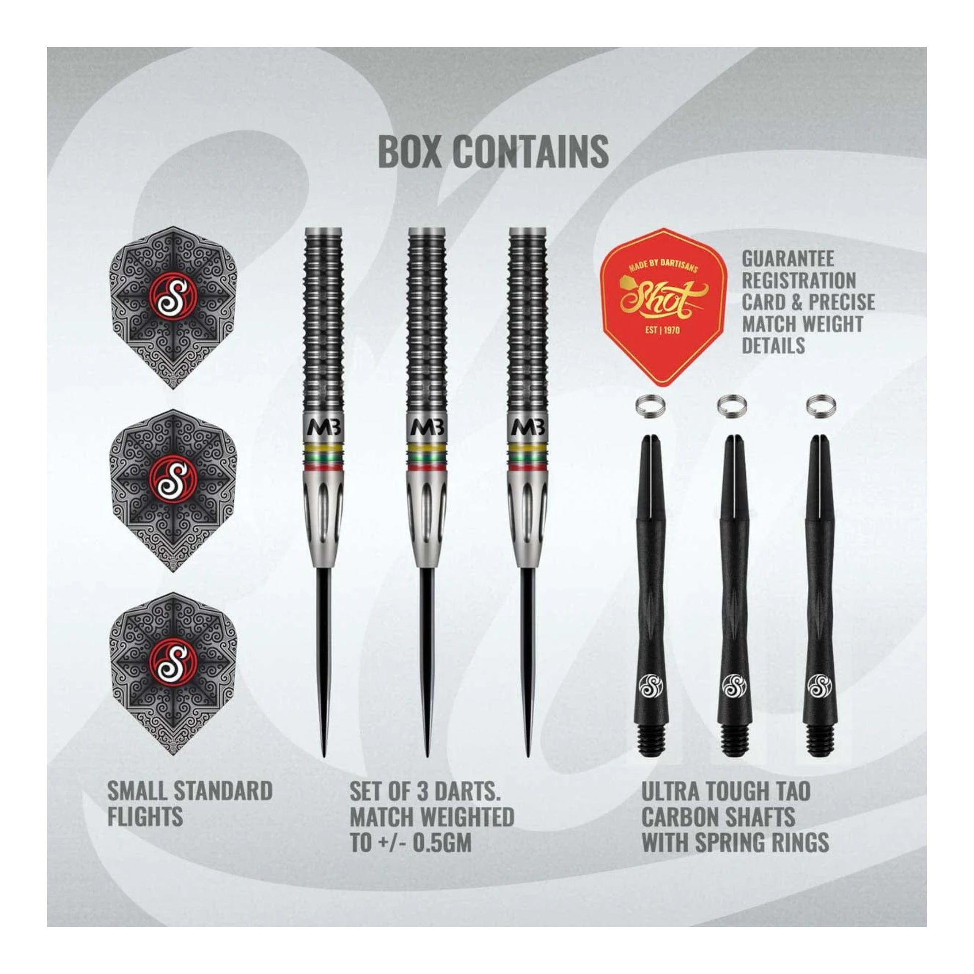 Shot Pro Series Mindaugas Barauskas steel tip dart set packaging and full contents