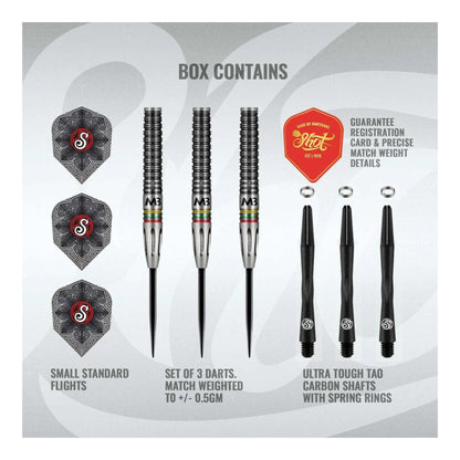 Shot Pro Series Mindaugas Barauskas steel tip dart set packaging and full contents