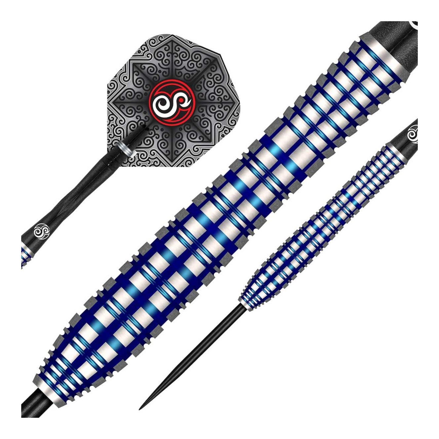 Close up of Nicole Regnaud dart barrel showing ring grip and blue PCT coating