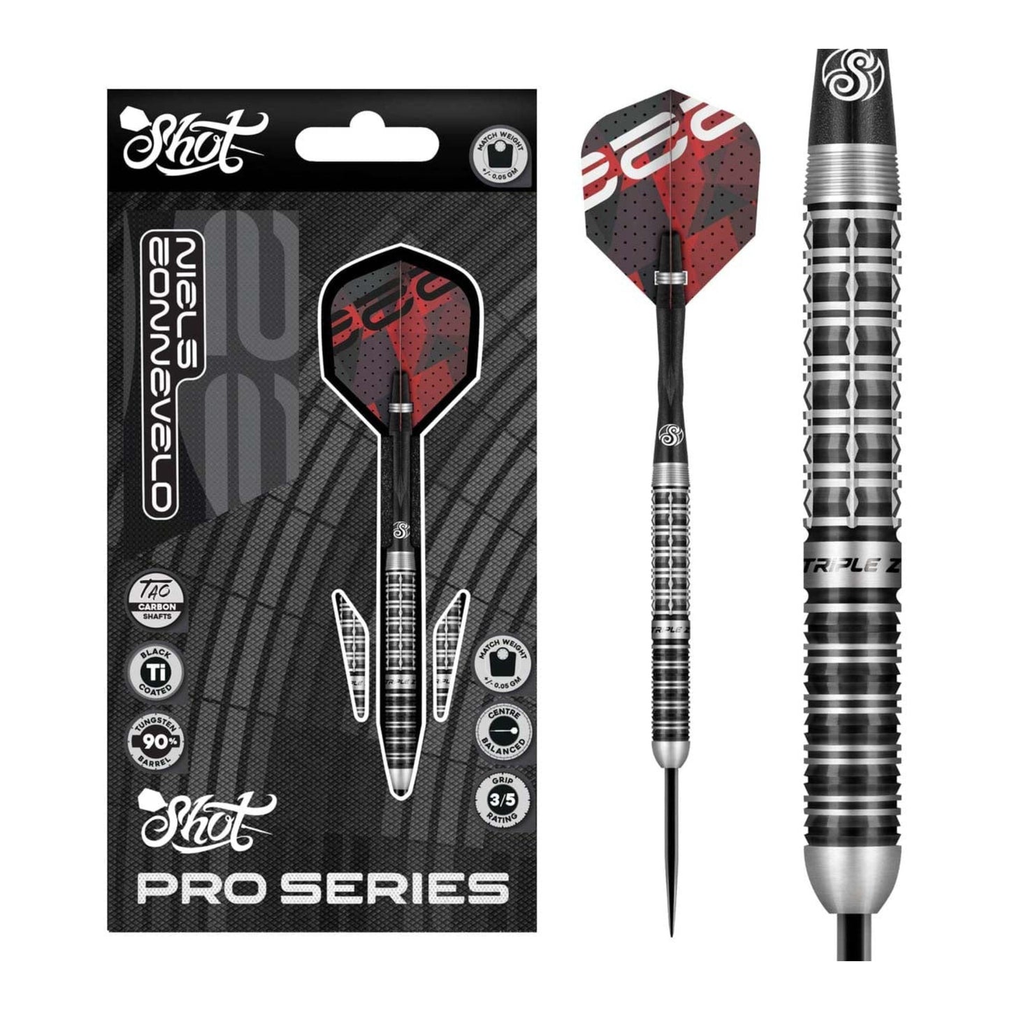 Full assembly of Niels Zonneveld 90 percent tungsten steel tip darts with flights