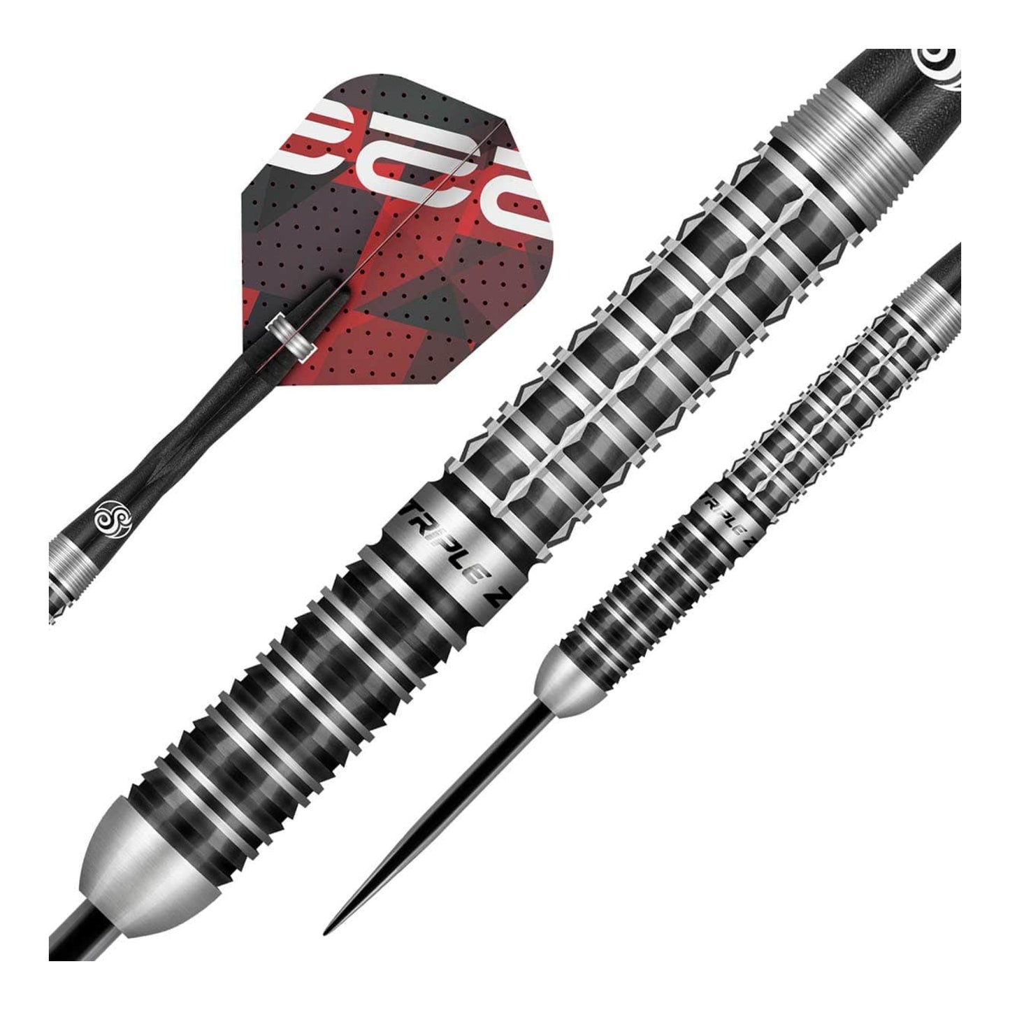 Close up of Niels Zonneveld dart barrel showing Sirius grip and black titanium coating