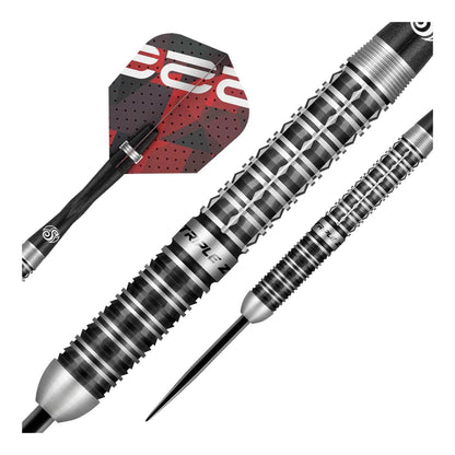 Close up of Niels Zonneveld dart barrel showing Sirius grip and black titanium coating