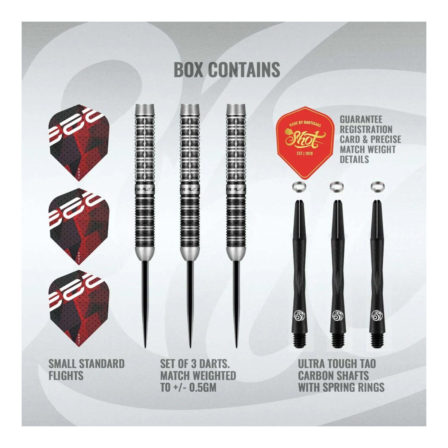Shot Pro Series Niels Zonneveld 2.0 steel tip dart set packaging and full contents