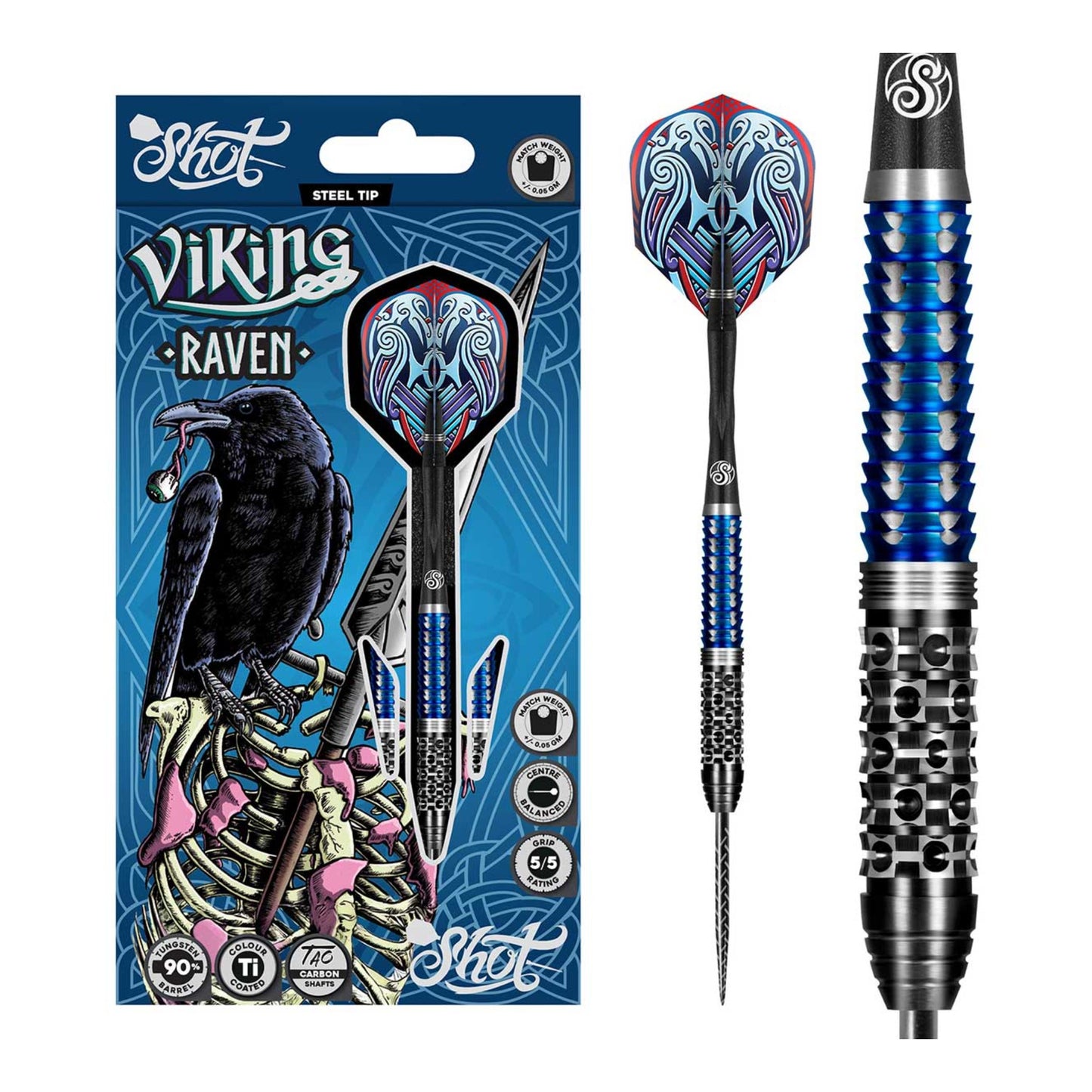 Shot Viking Raven steel tip dart set packaging with flights and shafts displayed