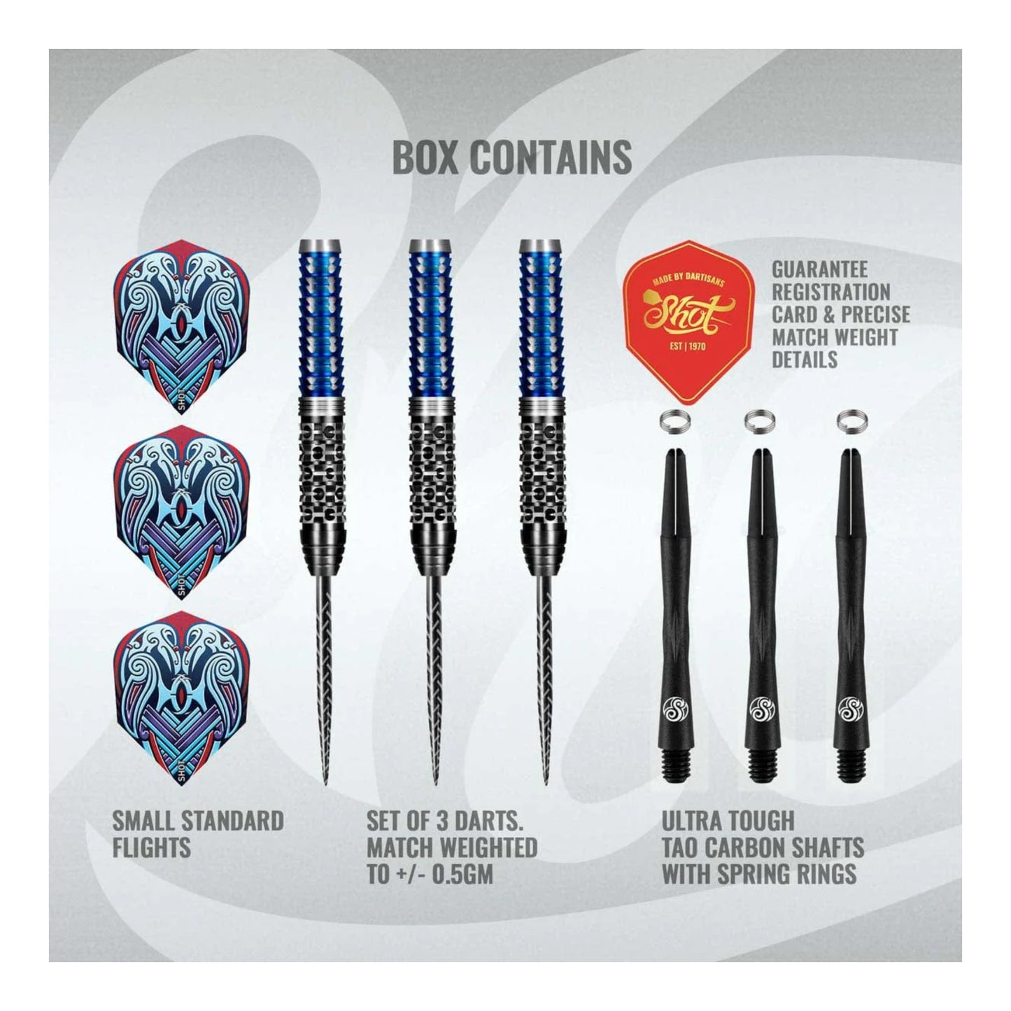 Three assembled Shot Viking Raven darts with black and blue barrels and small standard flights