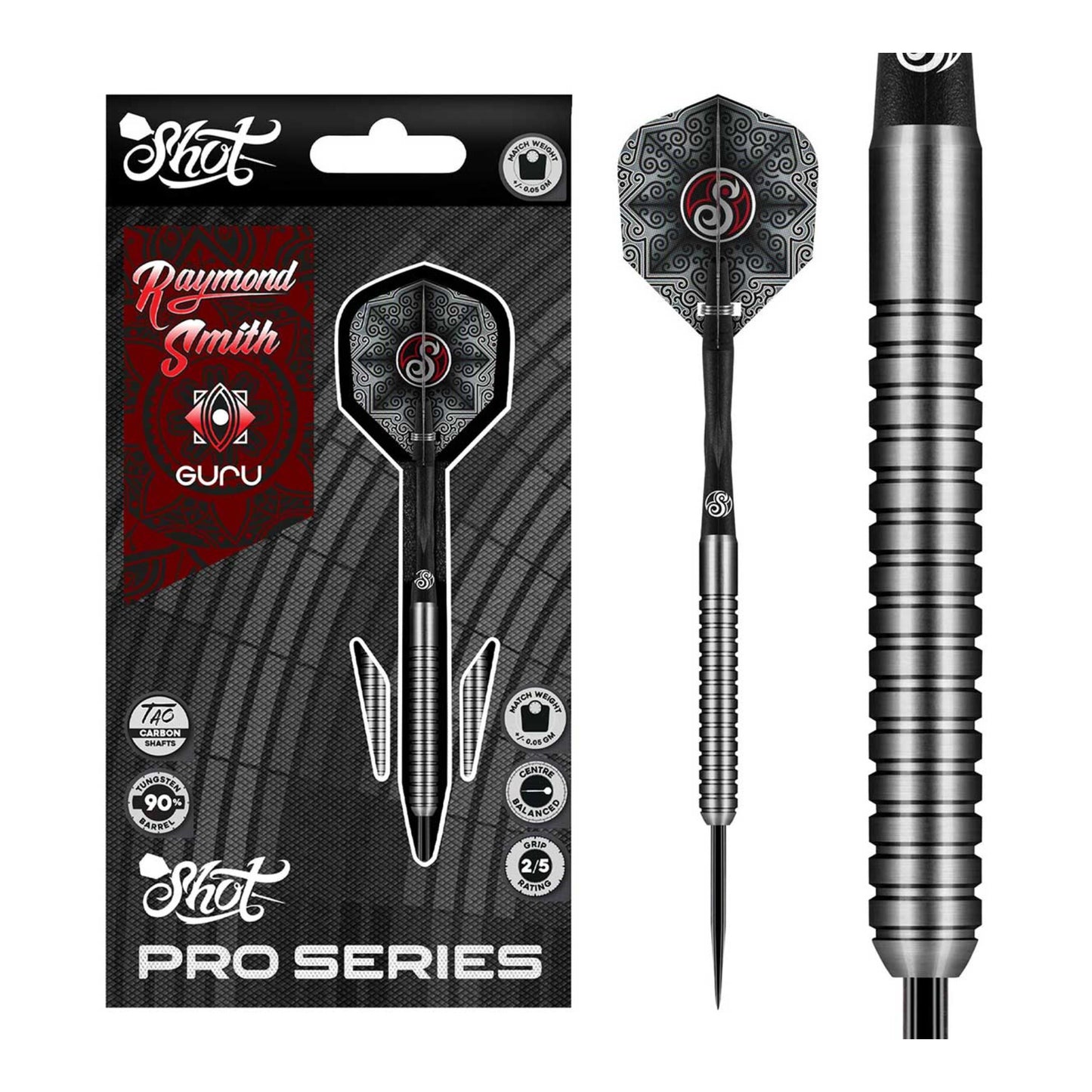 Full assembly of Raymond Smith The Guru 90 percent tungsten steel tip darts with flights