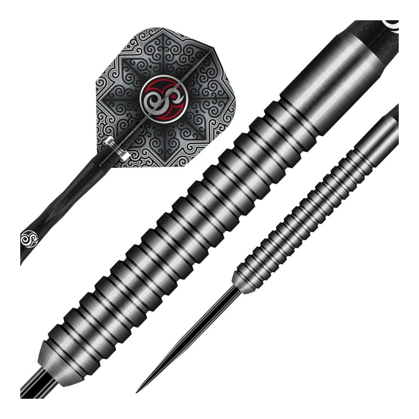 Close up of Raymond Smith dart barrel showing slim profile and ring grip