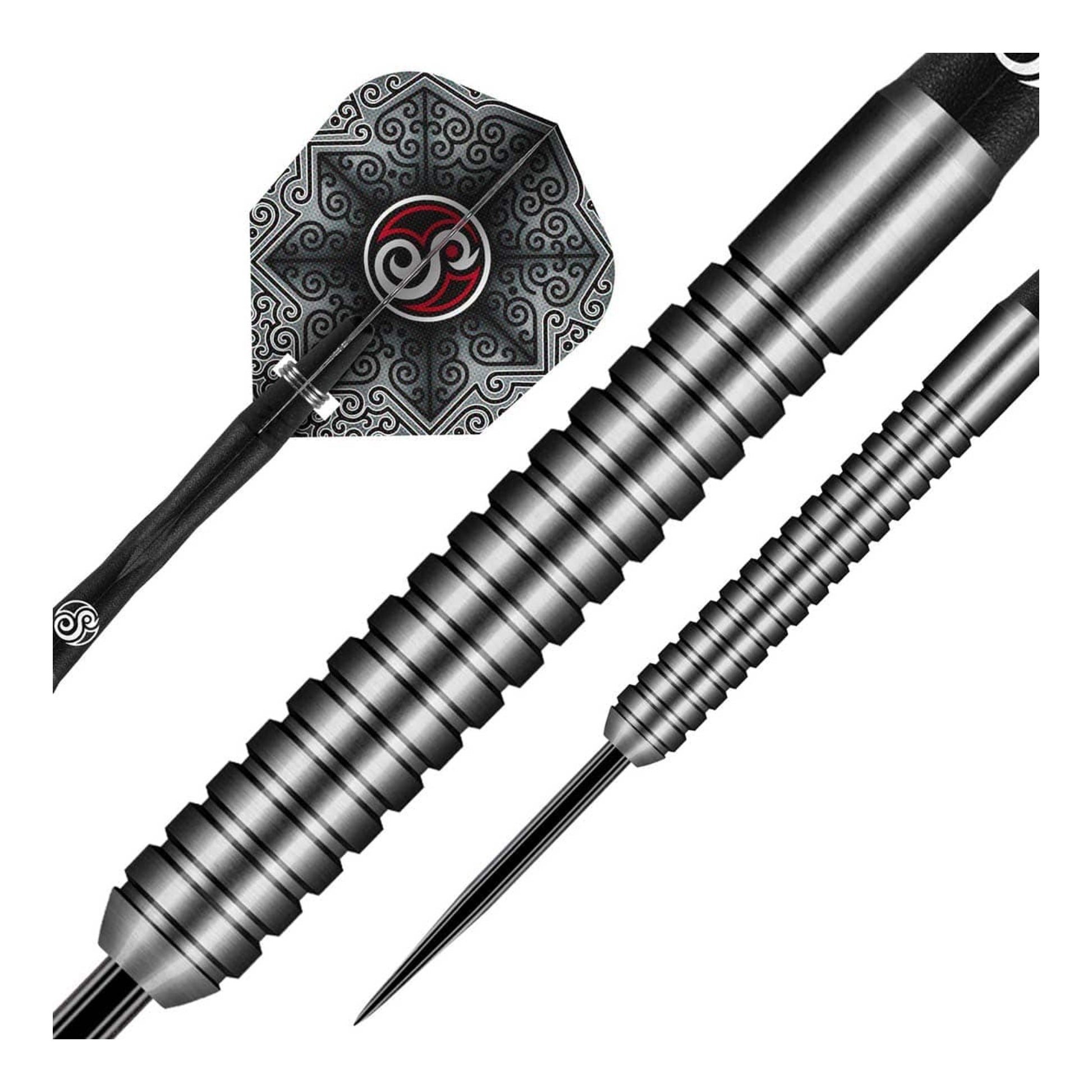 Close up of Raymond Smith dart barrel showing slim profile and ring grip