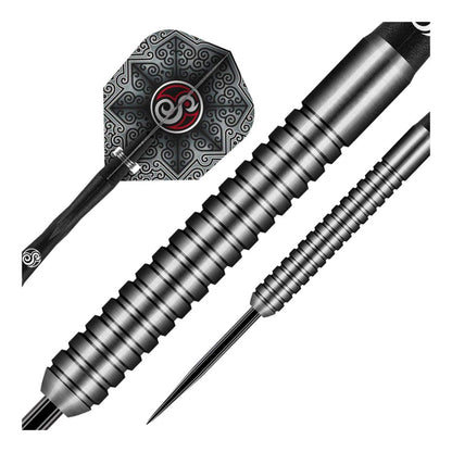 Close up of Raymond Smith dart barrel showing slim profile and ring grip