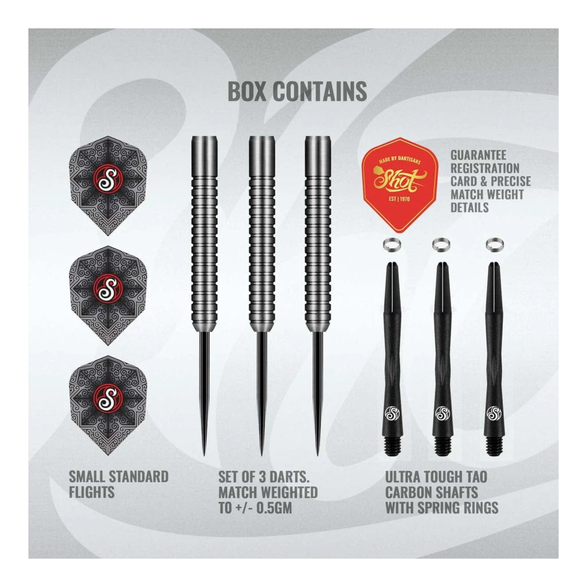 Shot Pro Series Raymond Smith steel tip dart set packaging and full contents