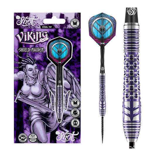 Packaging and contents of Shot Viking Shield-Maiden steel tip dart set showing flights and shafts