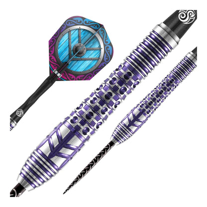Close up of Viking Shield-Maiden dart barrel showing violet PCT coating and siege grip texture