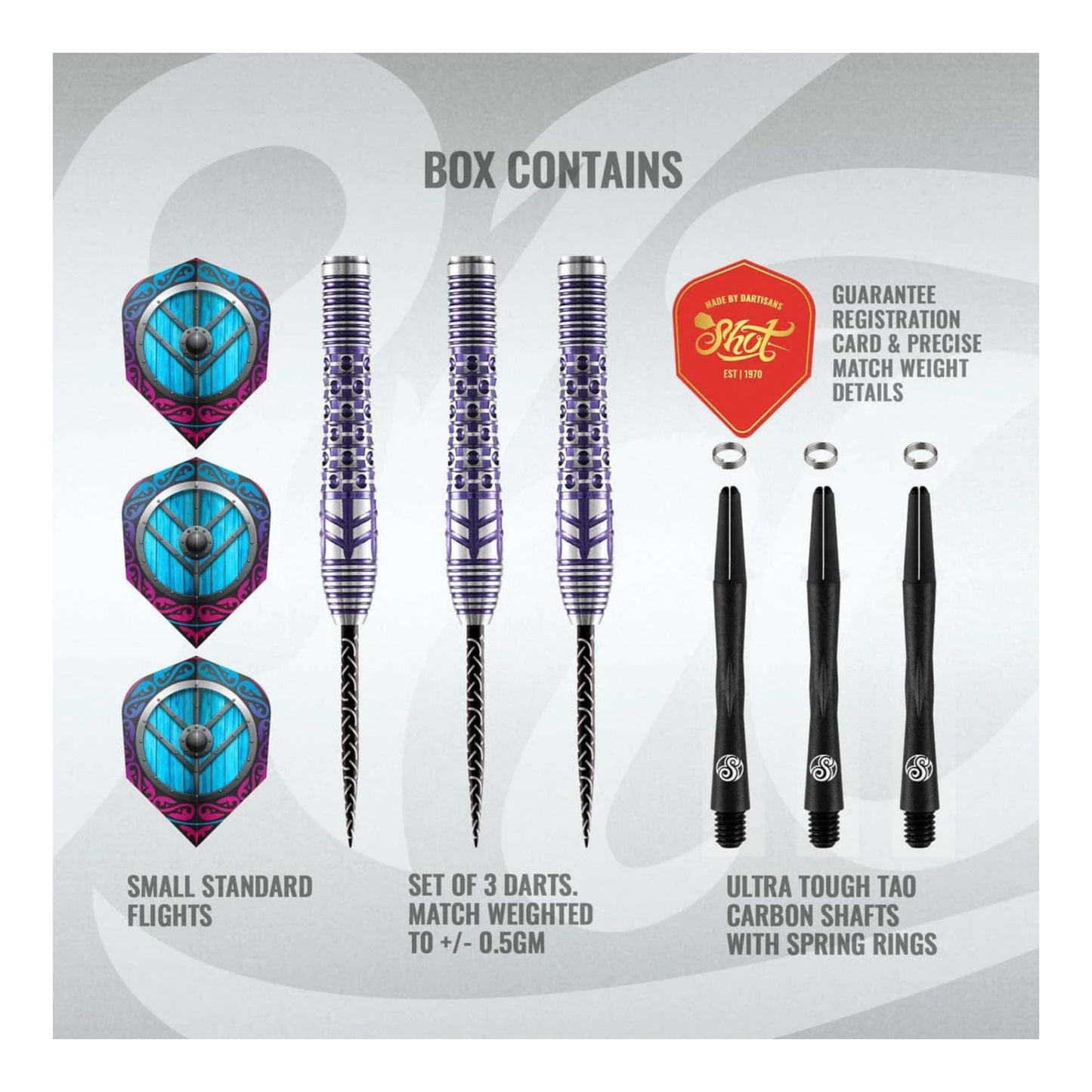Three fully assembled Shot Viking Shield-Maiden darts with violet barrels and small standard flights