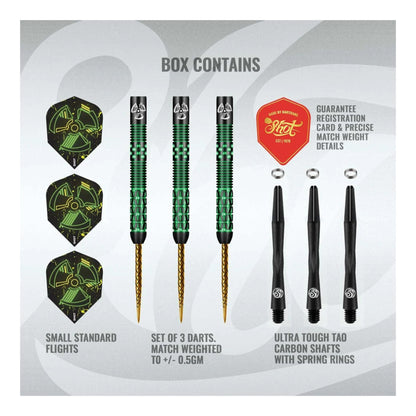 Shot Pro Series Stowe Buntz 2.0 steel tip dart set packaging and contents with radioactive flights