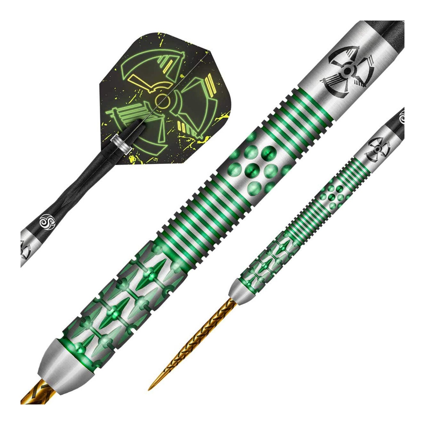 Close up of Stowe Buntz 2.0 dart barrel showing green PCT coating and fusion grip