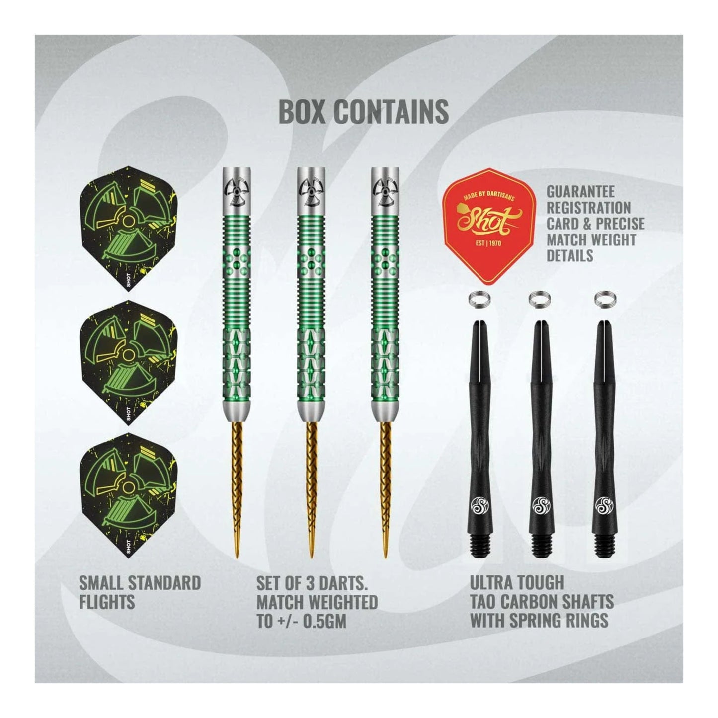 Shot Pro Series Stowe Buntz 2.0 steel tip dart set packaging and contents with green coating