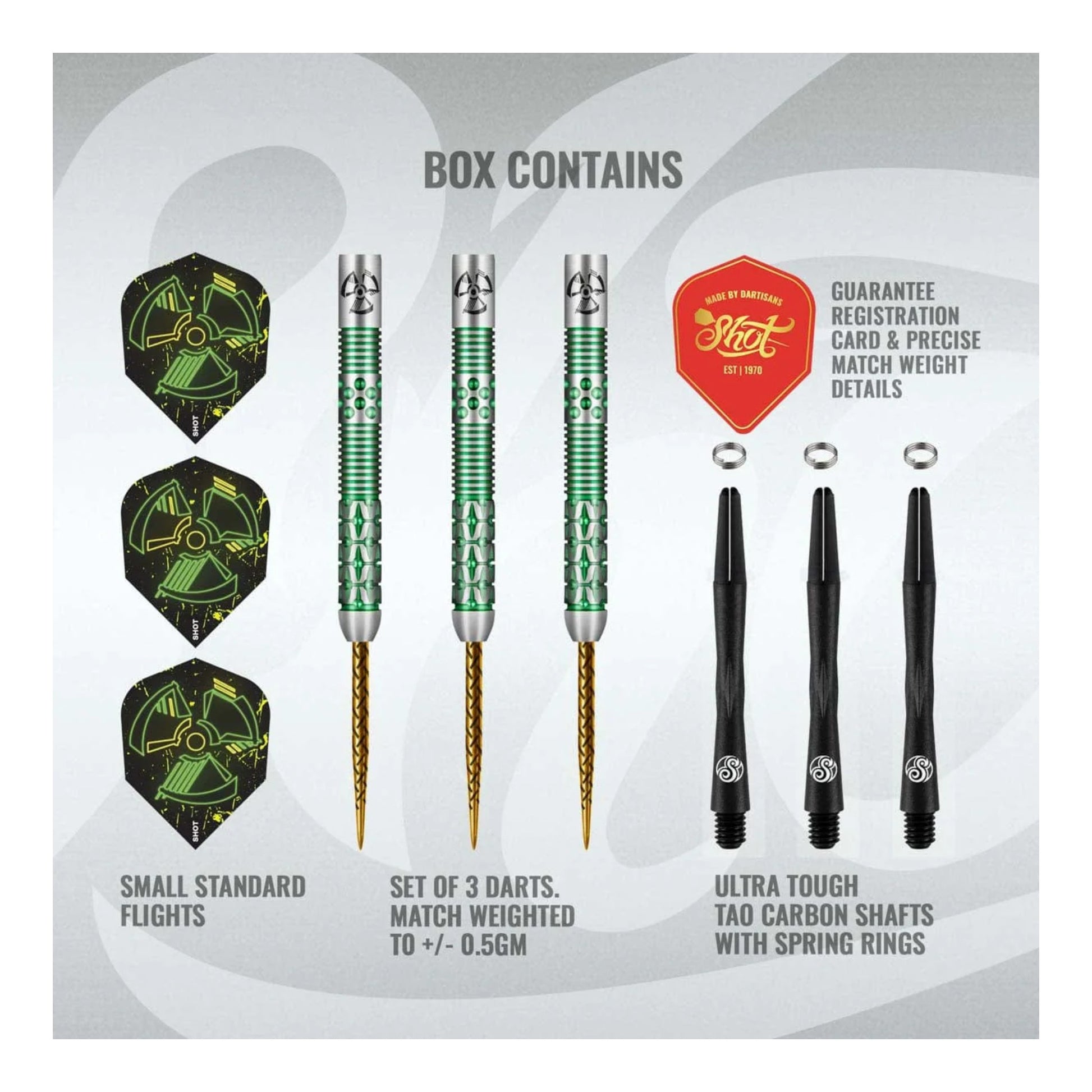 Shot Pro Series Stowe Buntz 2.0 steel tip dart set packaging and contents with green coating