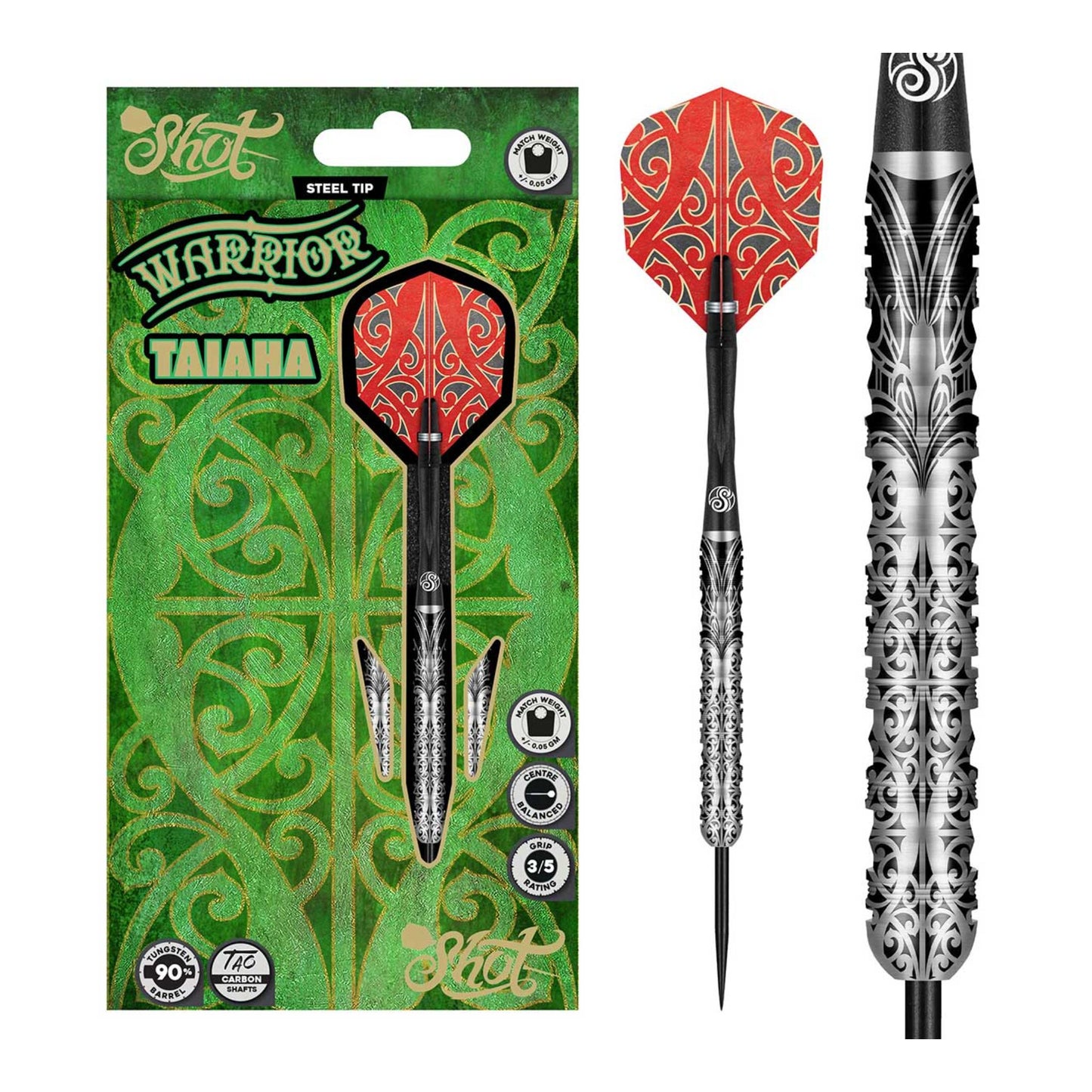 Shot Warrior Taiaha steel tip dart set packaging showing flights shafts and barrels