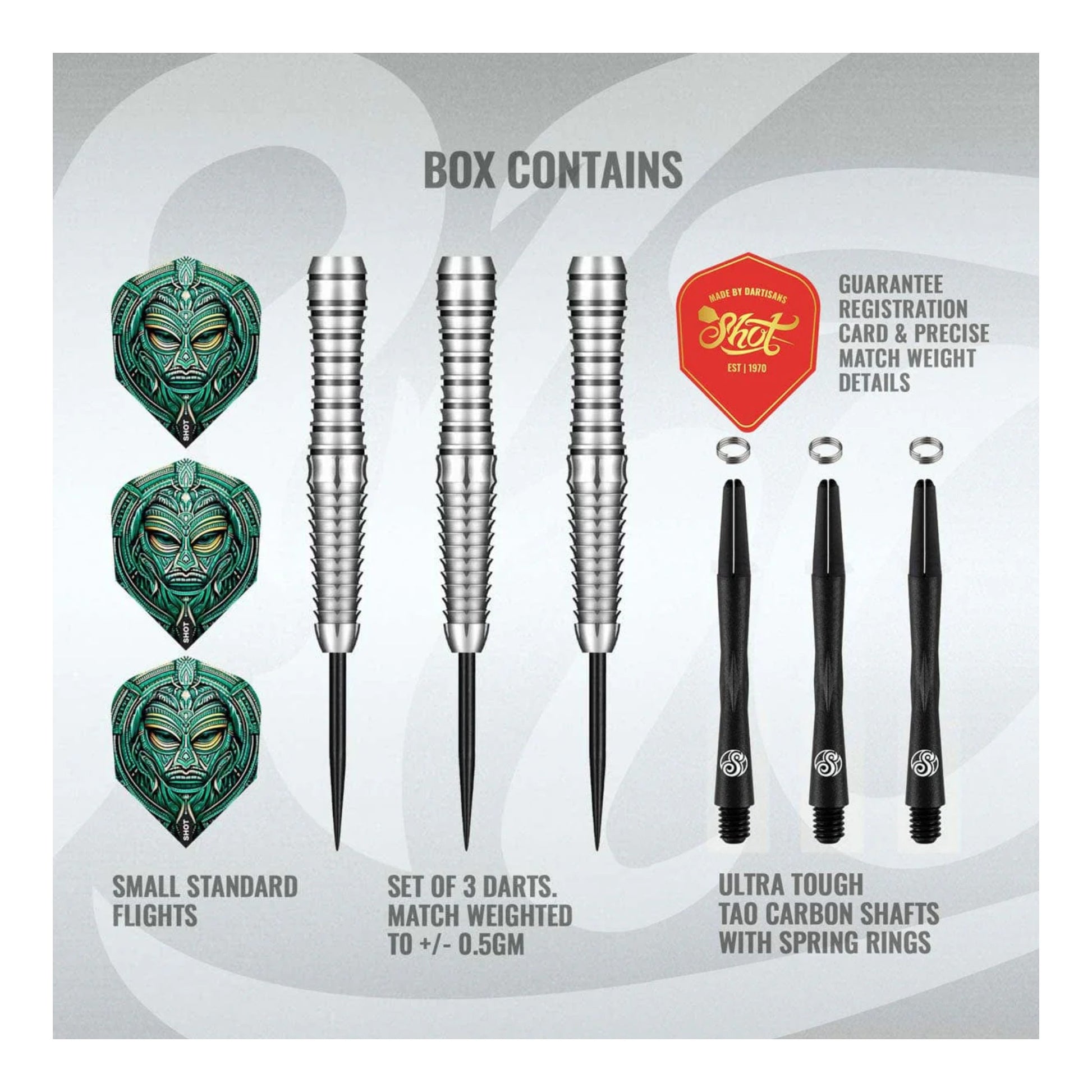 Three Tribal Weapon Toki darts with black carbon shafts and copper accents on dark background