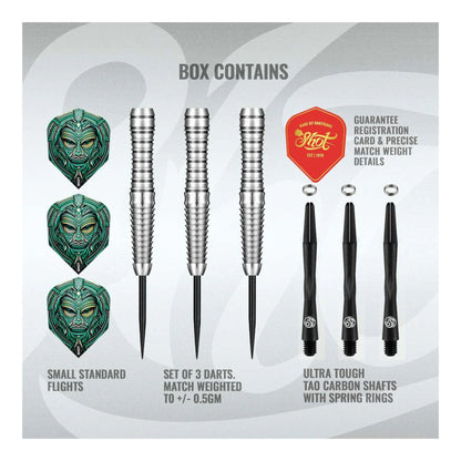 Three Tribal Weapon Toki darts with black carbon shafts and copper accents on dark background