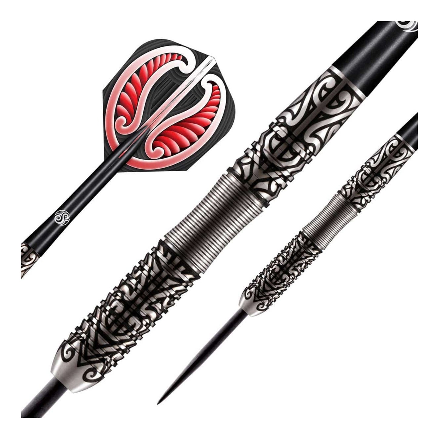 Close up of Warrior Hautoa dart barrel showing scalloped grip and shark fin texture