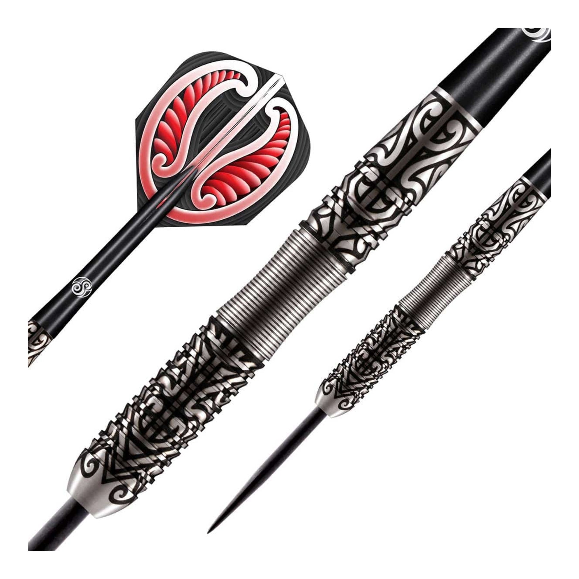 Close up of Warrior Hautoa dart barrel showing scalloped grip and shark fin texture