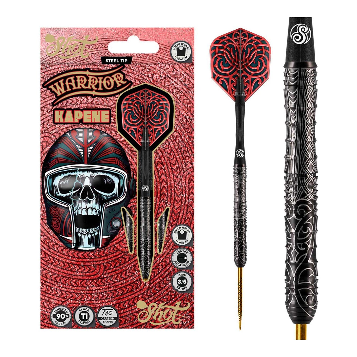 Shot Warrior Kapene steel tip dart set packaging with flights shafts and 90% tungsten barrels