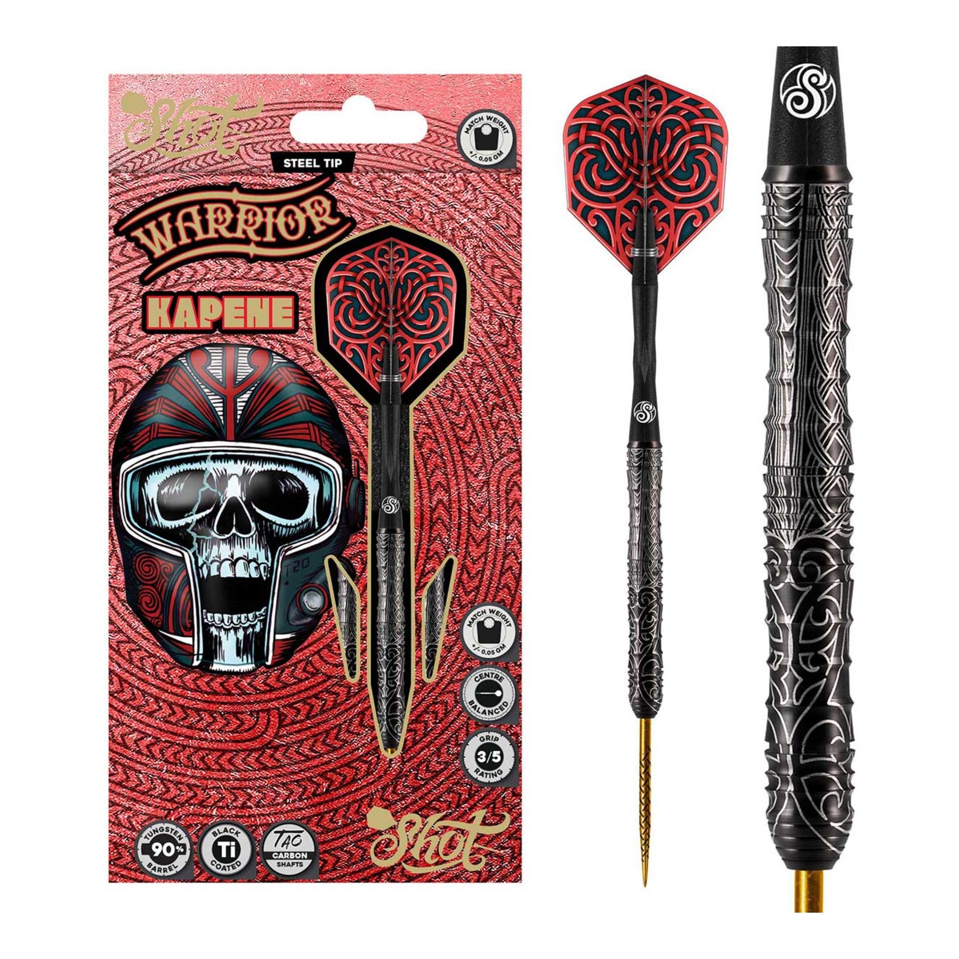 Shot Warrior Kapene steel tip dart set packaging with flights shafts and 90% tungsten barrels