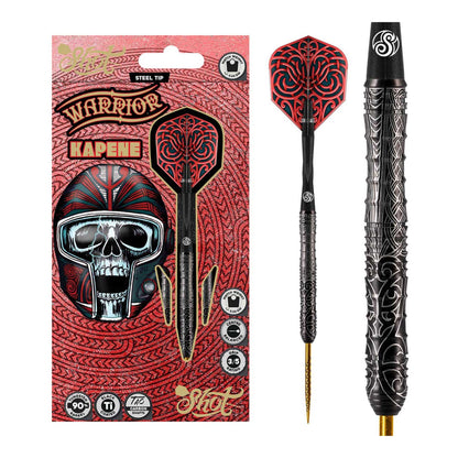 Shot Warrior Kapene steel tip dart set packaging with flights shafts and 90% tungsten barrels