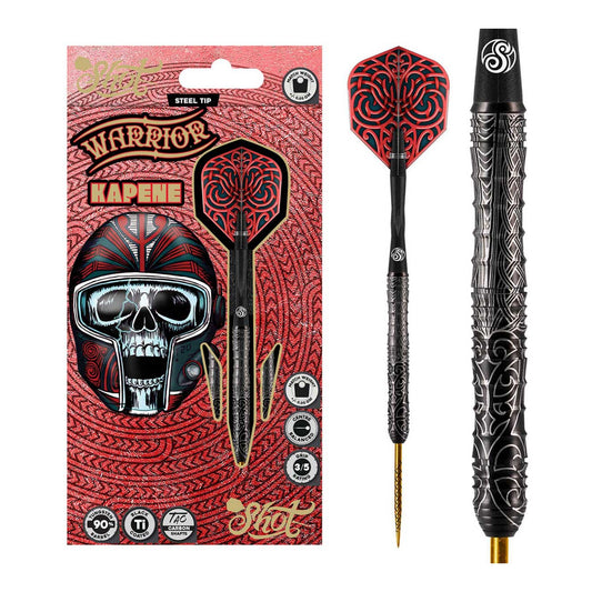 Shot Warrior Kapene steel tip dart set packaging with flights shafts and 90% tungsten barrels