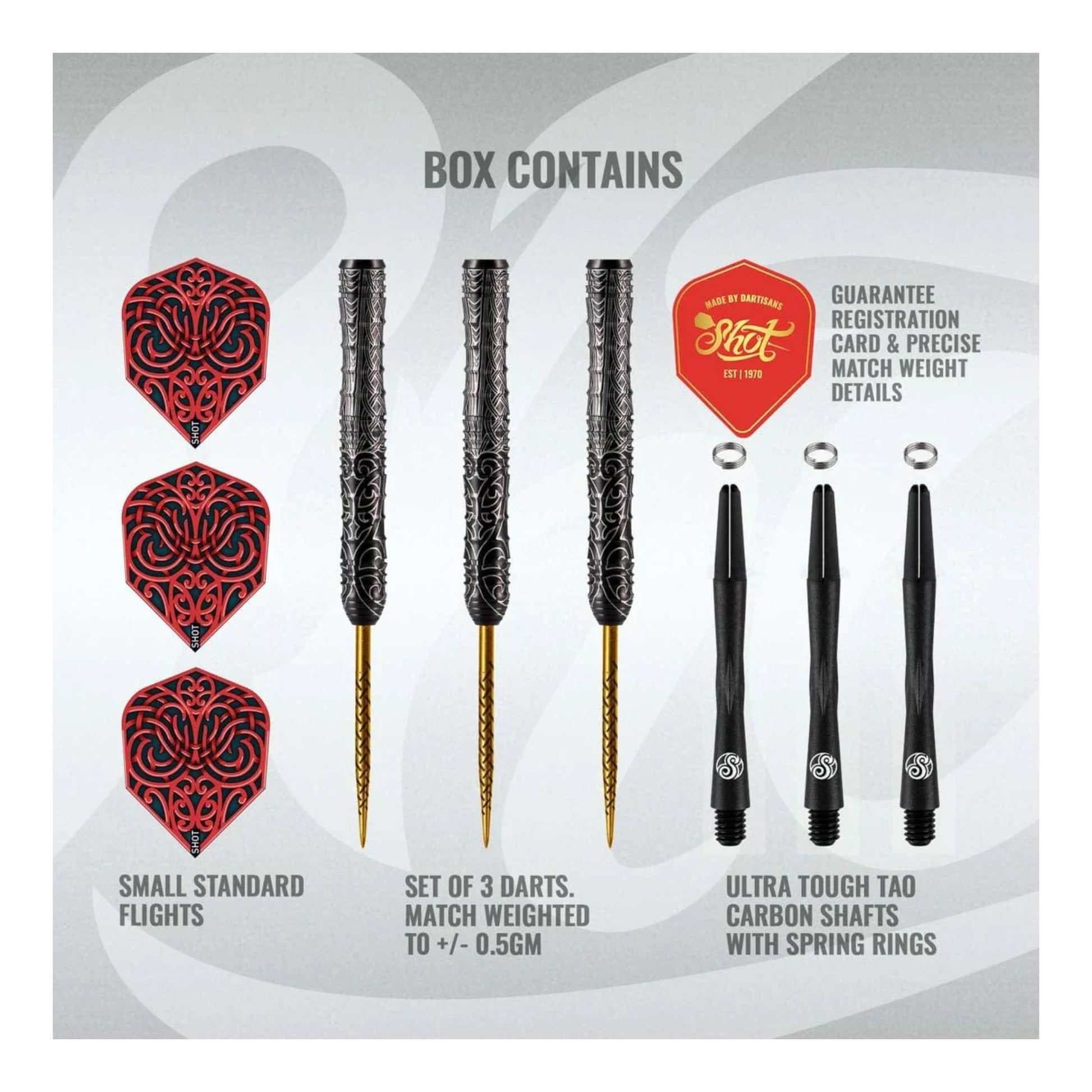 Three assembled Shot Warrior Kapene darts with black carbon shafts and tribal flights