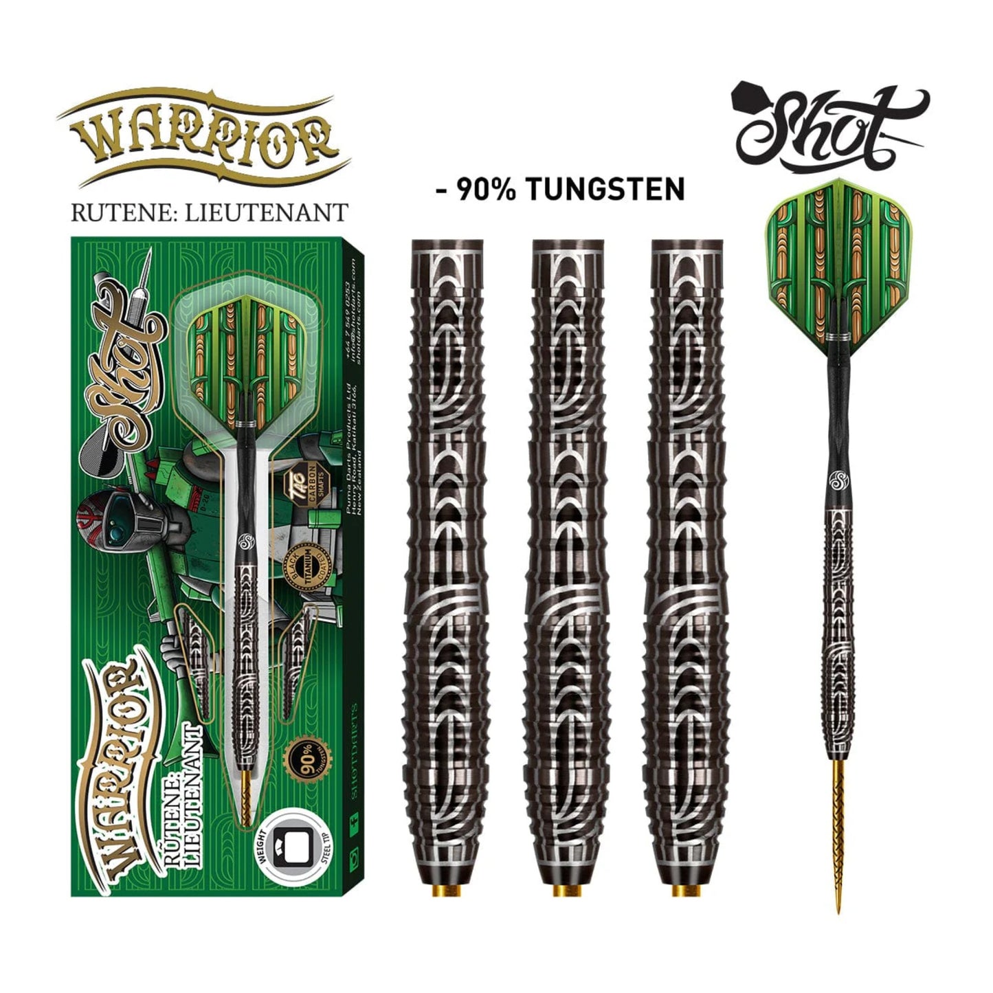 Full set of Shot Warrior Rutene steel tip darts with carbon shafts and flights on display