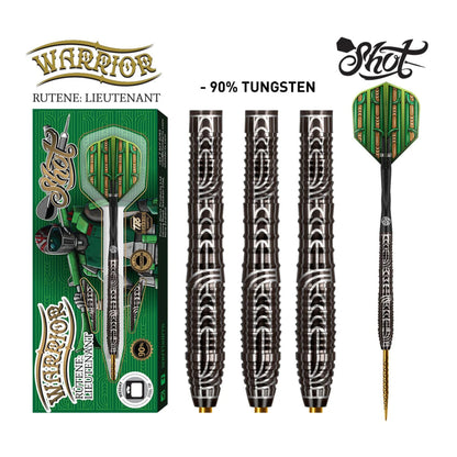 Full set of Shot Warrior Rutene steel tip darts with carbon shafts and flights on display
