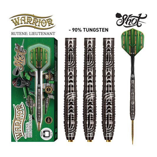 Full set of Shot Warrior Rutene steel tip darts with carbon shafts and flights on display