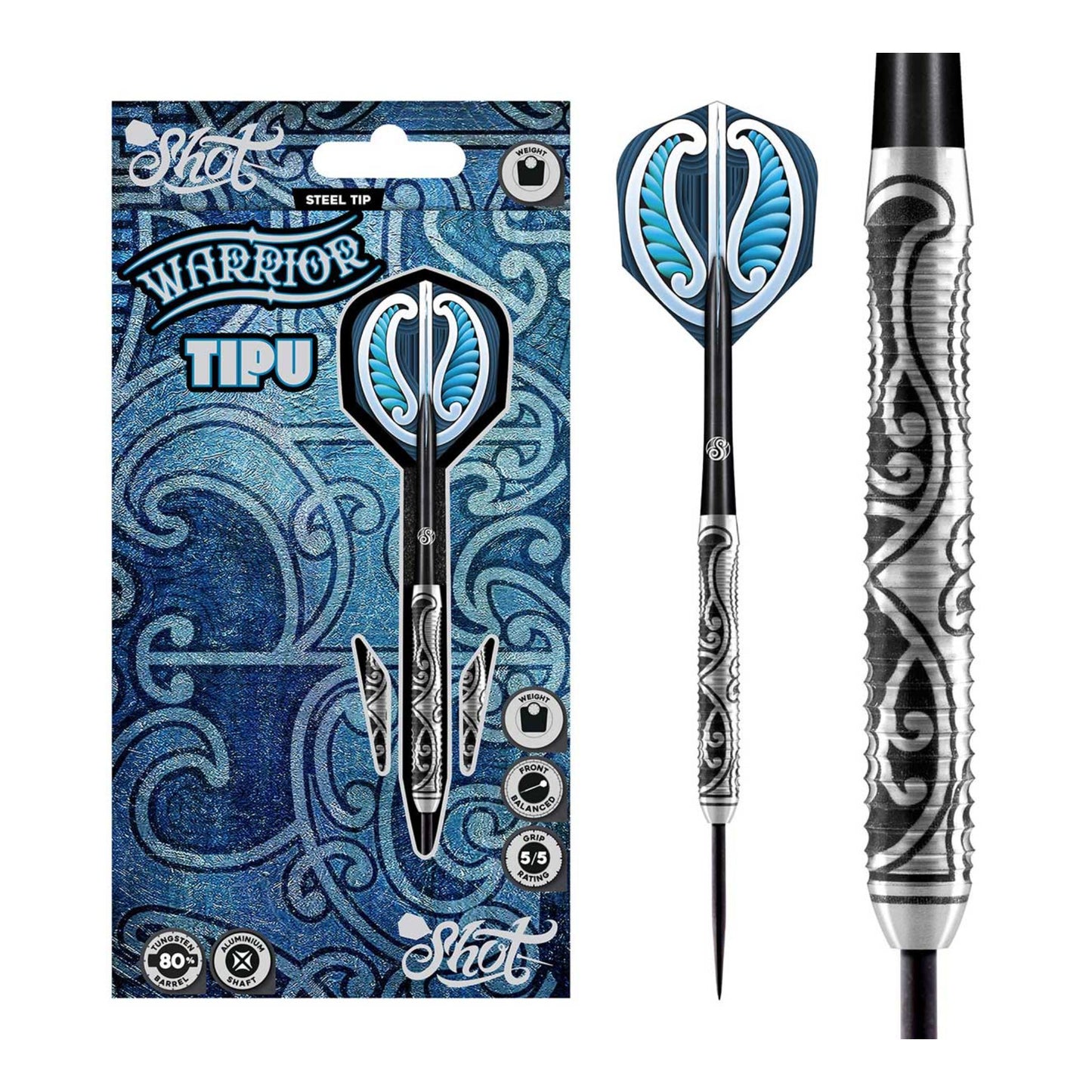 Shot Warrior Tipu steel tip dart set packaging with blue flights and aluminium shafts