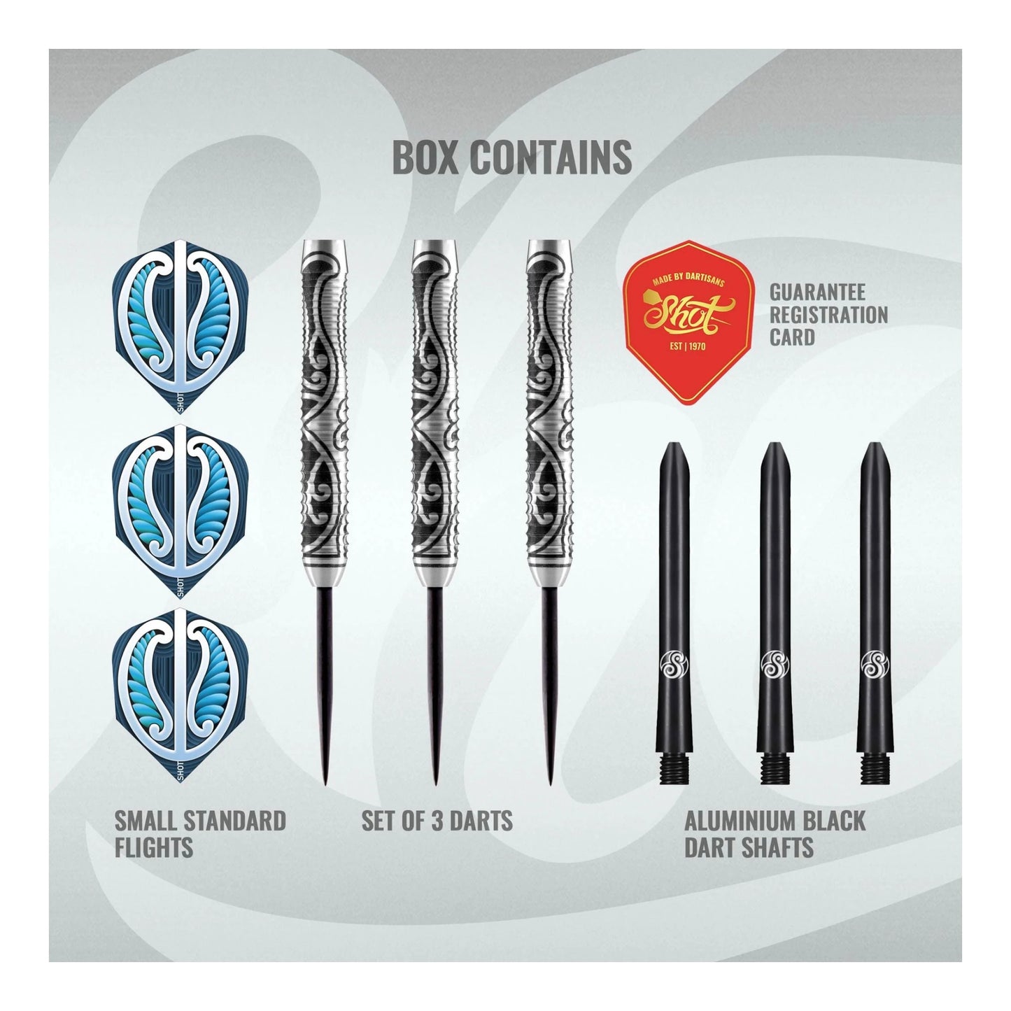 Three assembled Shot Warrior Tipu darts with aluminium shafts and blue standard flights