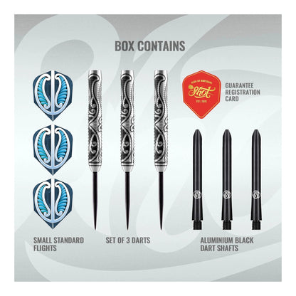 Three assembled Shot Warrior Tipu darts with aluminium shafts and blue standard flights