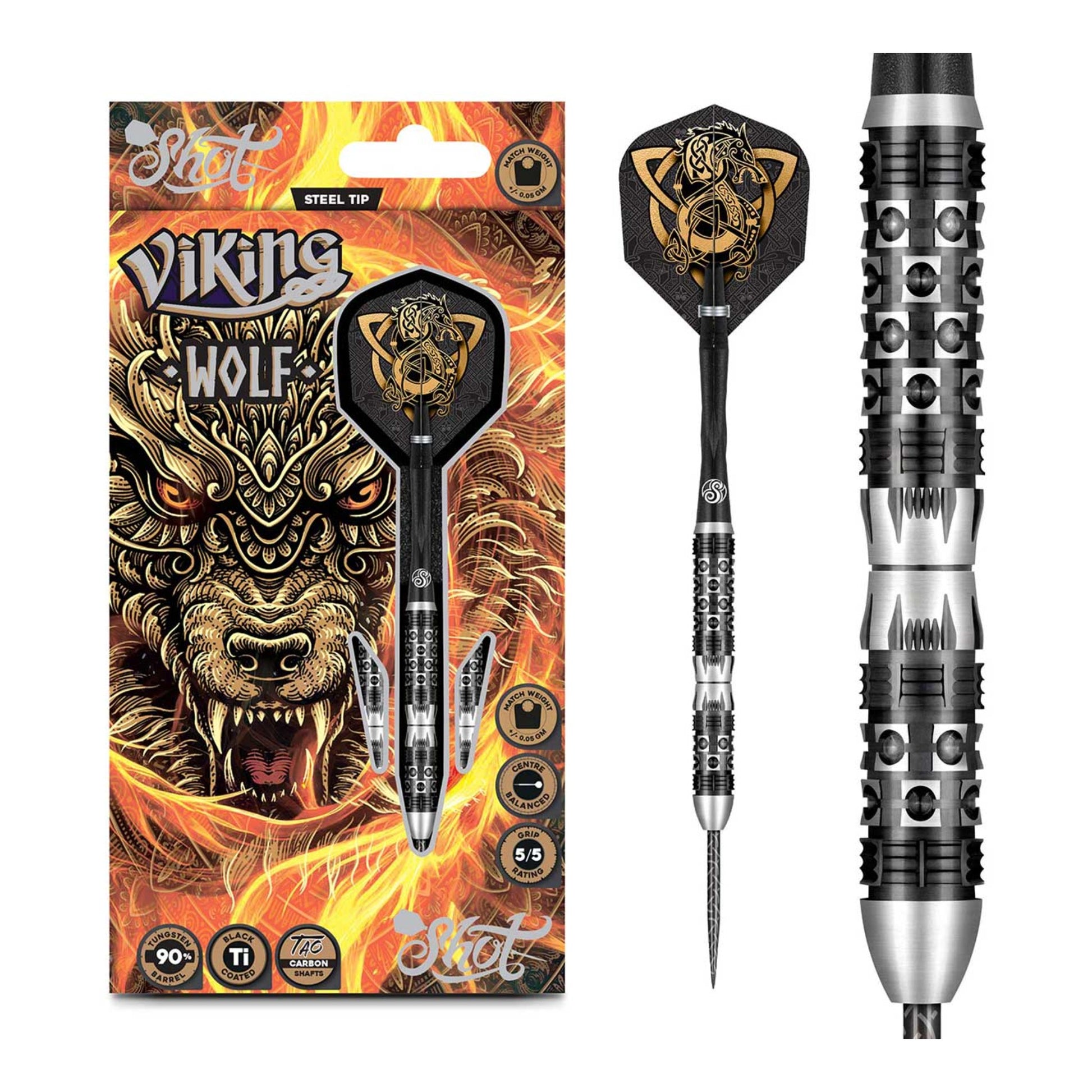 Shot Viking Wolf steel tip dart set with flights and shafts displayed on packaging