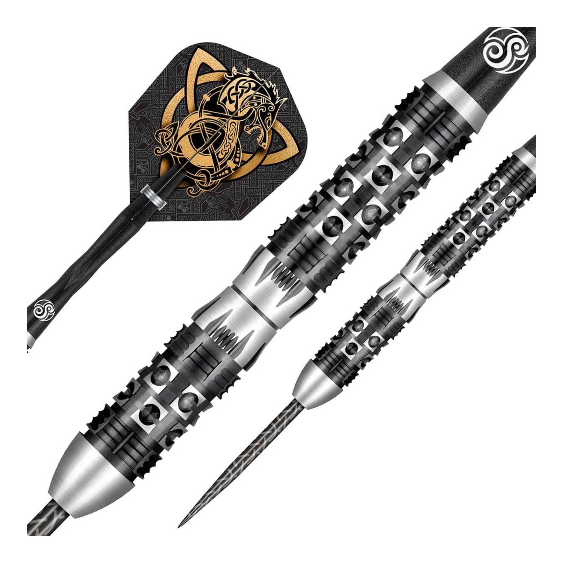 Close up of Shot Viking Wolf dart barrel showing siege grip and black titanium coating