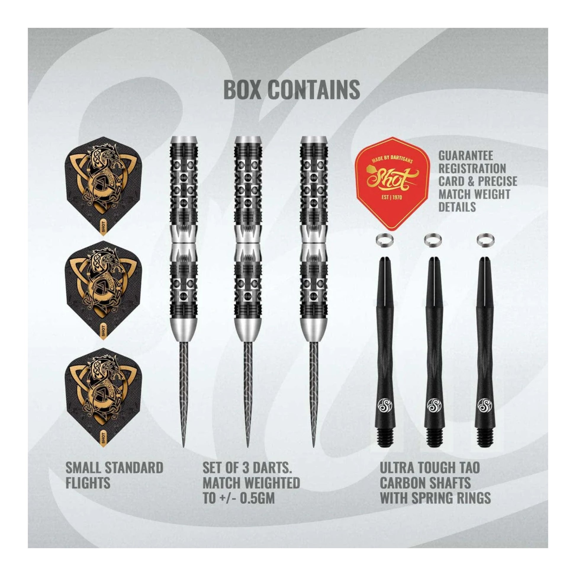 Three Shot Viking Wolf darts fully assembled with carbon shafts and small standard flights
